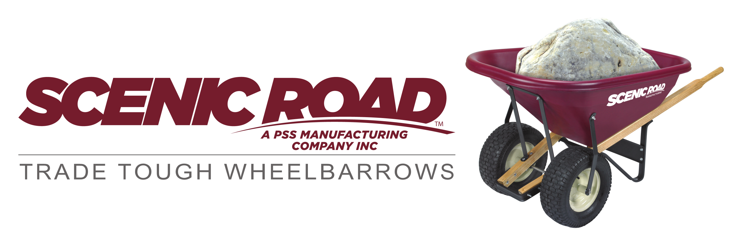 Scenic Road logo, a red wheelbarrow with a large rock in it. A PSS Manufacturing Company inc. Trade Tough Wheelbarrows.