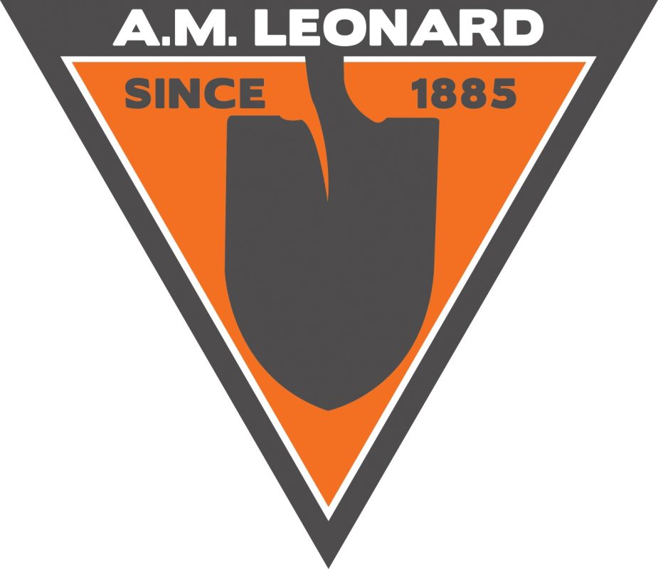A.M. Leonard since 1885 logo, which is a gray shovel through orange triangle